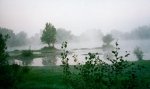 La brume matinale en bordure de la teuf Flyoské+Turbulence+Kamikaze etc., sur le Gardon, près de Nîmes, le 12 septembre 1999